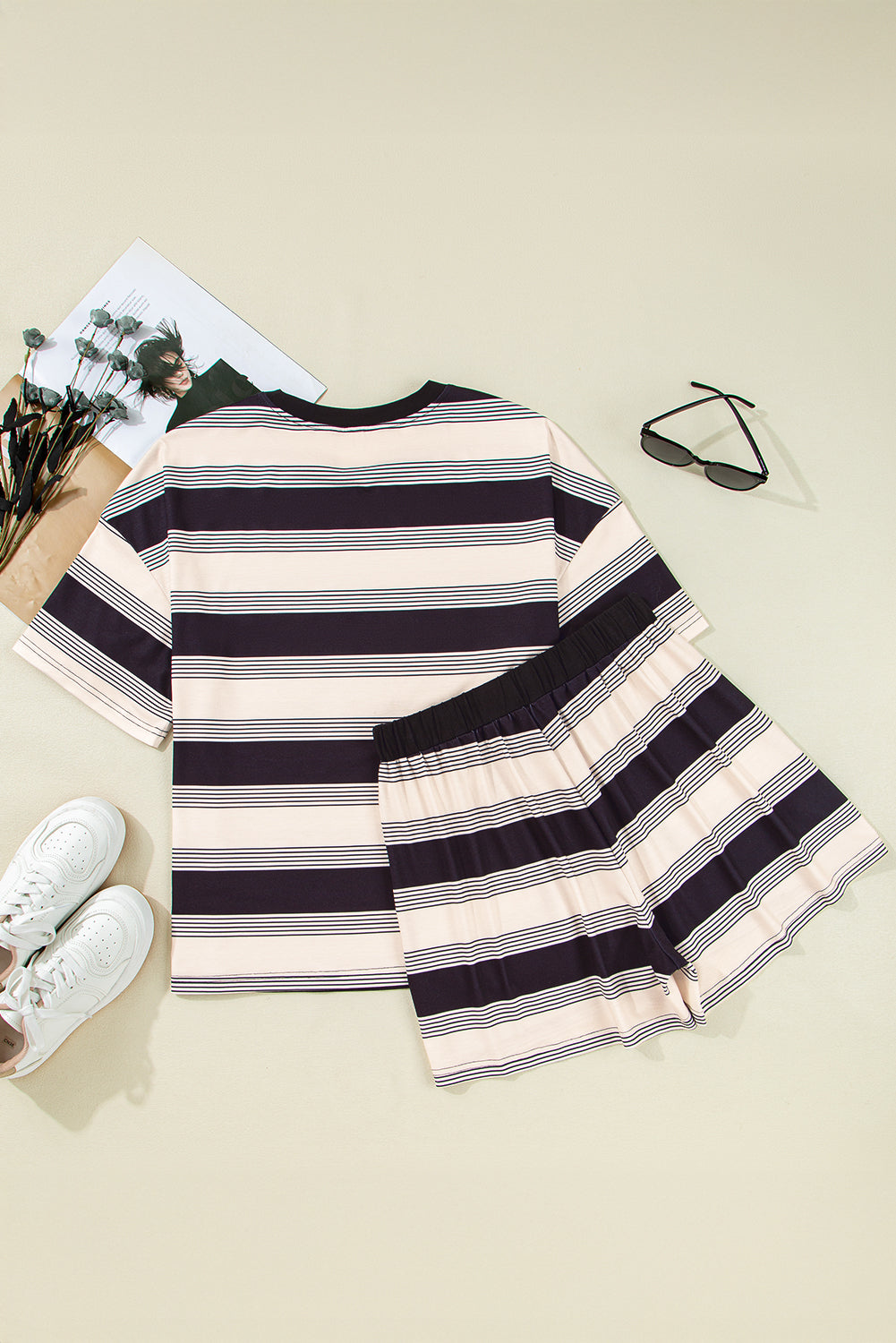 Black Stripe Short Sleeve T-Shirt and High Waist Pocket Shorts Set - The Fair Lady Shop