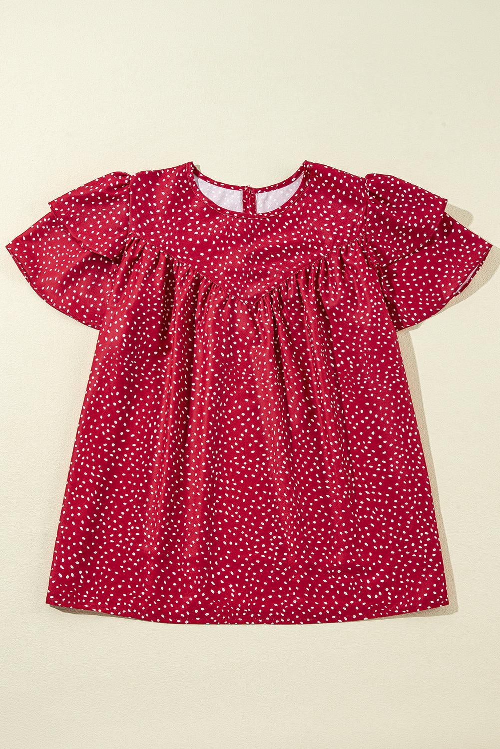 Fiery Red Spotted Print Pleated Ruffle Sleeve Blouse - The Fair Lady Shop