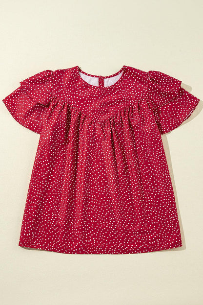 Fiery Red Spotted Print Pleated Ruffle Sleeve Blouse - The Fair Lady Shop