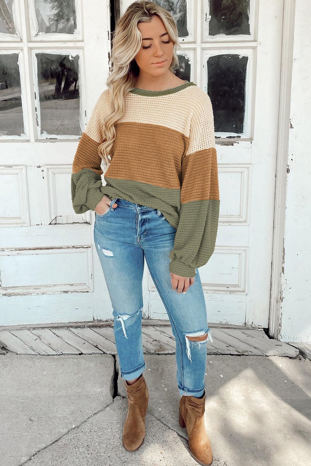 Green Waffle Knit Color Block Drop Sleeve Loose Top - The Fair Lady Shop