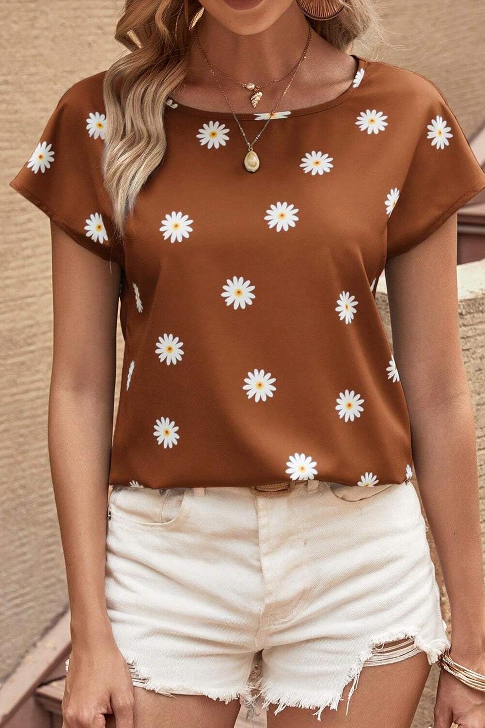 Chestnut Summer Daisy Print Batwing Sleeve Blouse - The Fair Lady Shop