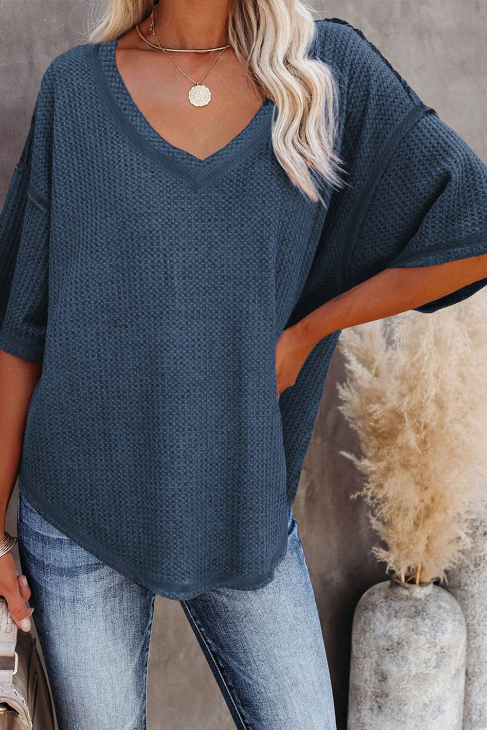 Blue Exposed Seam Drop Sleeve V Neck Waffle Textured Top - The Fair Lady Shop