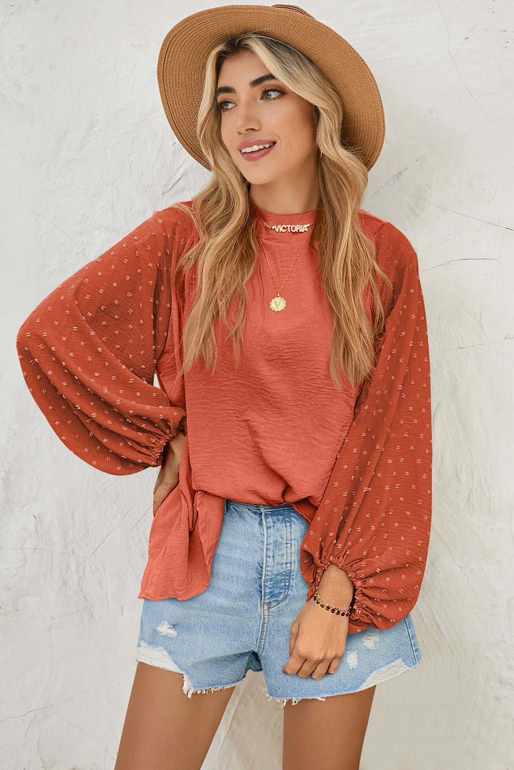 Russet Orange Swiss Dot Balloon Sleeve Patchwork Crinkle Blouse - The Fair Lady Shop