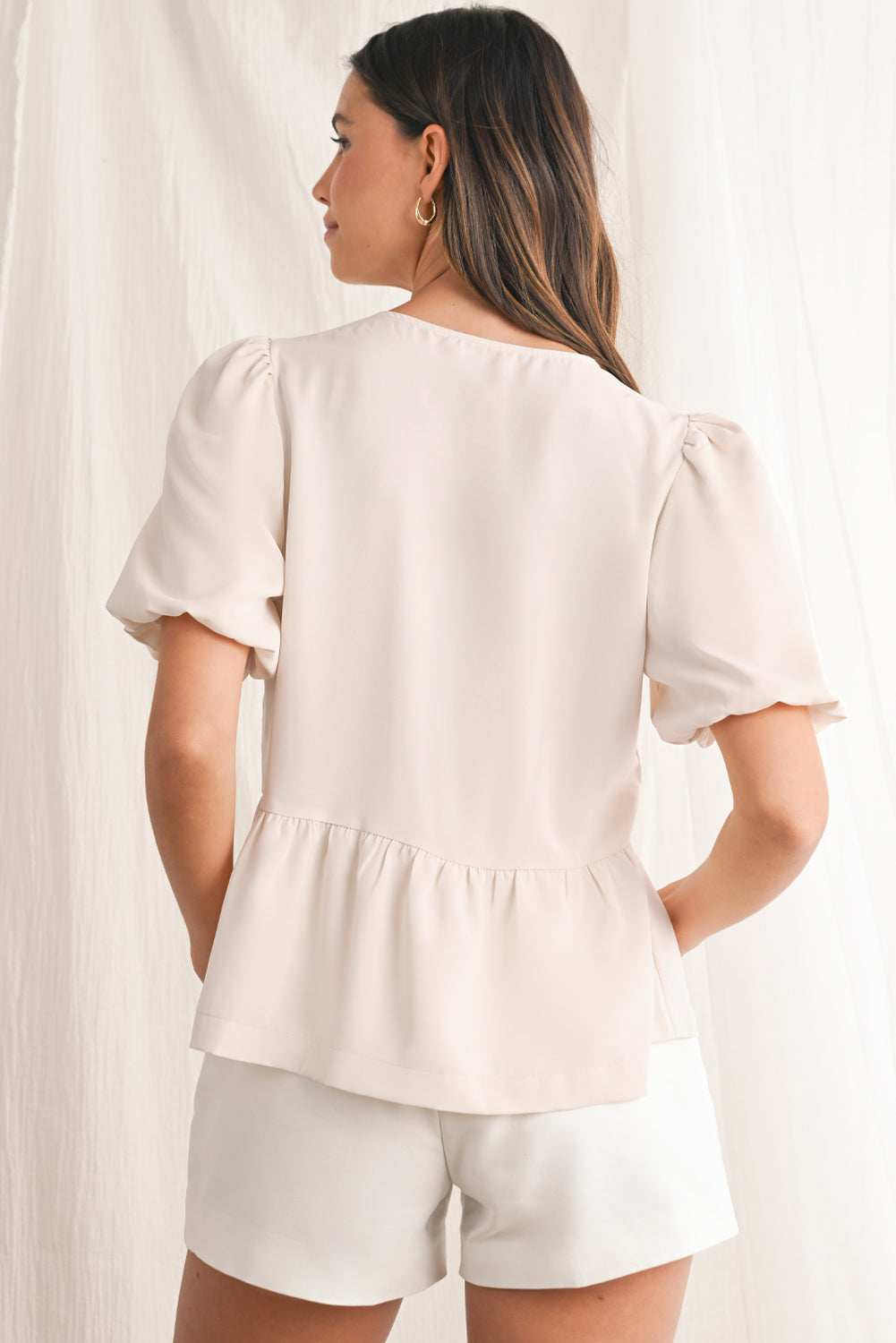 White Sweet Bowknot Puff Sleeve Peplum Blouse - The Fair Lady Shop