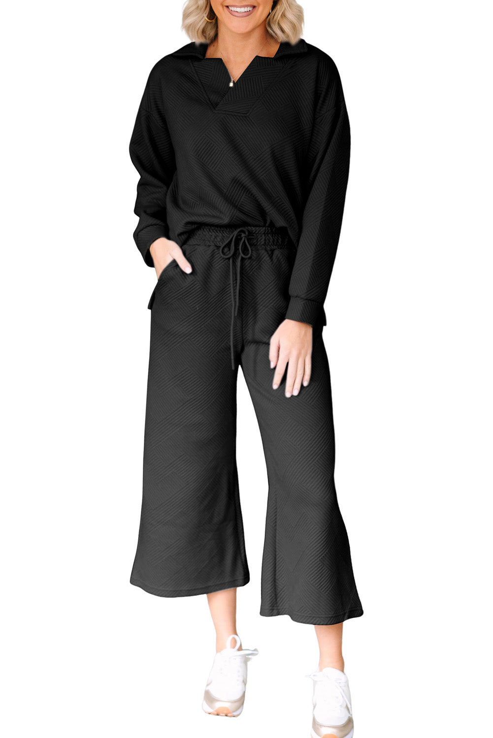 Black Plain Textured Collared V Neck Top and Wide Leg Pants Set - The Fair Lady Shop