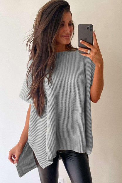 Apricot Side Slit Short Sleeve Oversized Sweater - The Fair Lady Shop