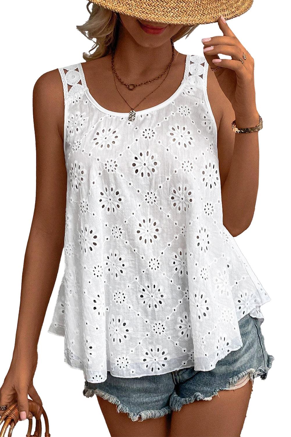 White Eyelet Embroidery Flowy Tank Top - The Fair Lady Shop