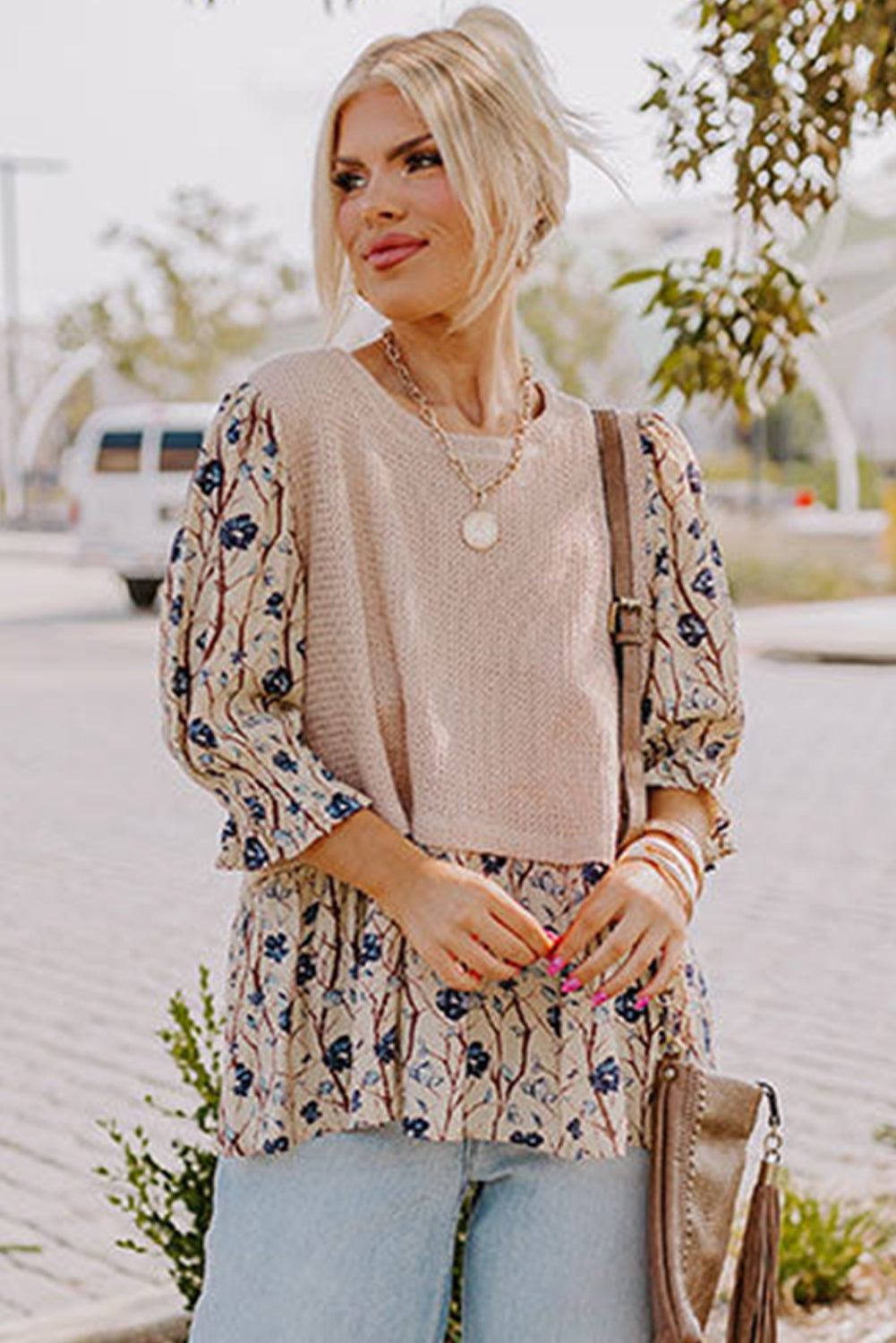 Beige Faux Two Piece Knit Patchwork Floral Plus Size Top - The Fair Lady Shop