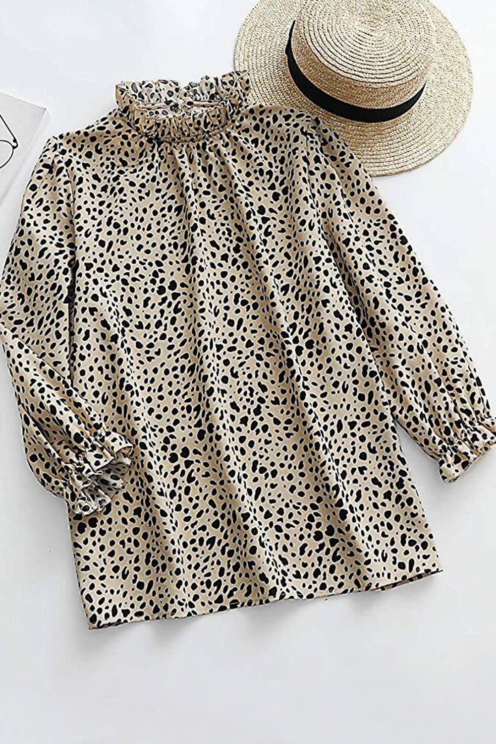 Brown Leopard Print Frill Neck 3/4 Sleeves Blouse - The Fair Lady Shop