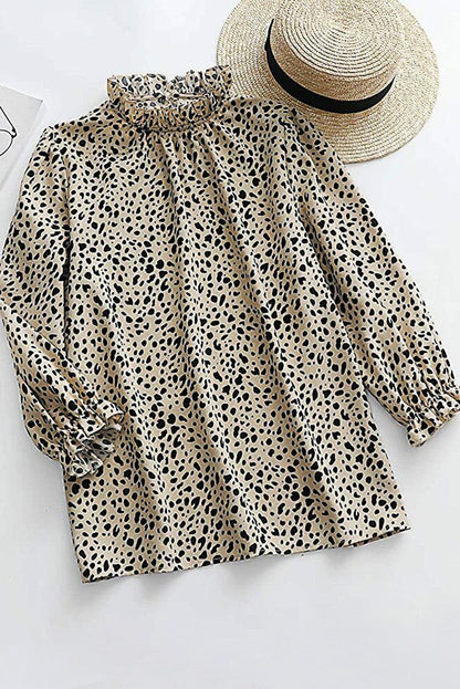 Brown Leopard Print Frill Neck 3/4 Sleeves Blouse - The Fair Lady Shop