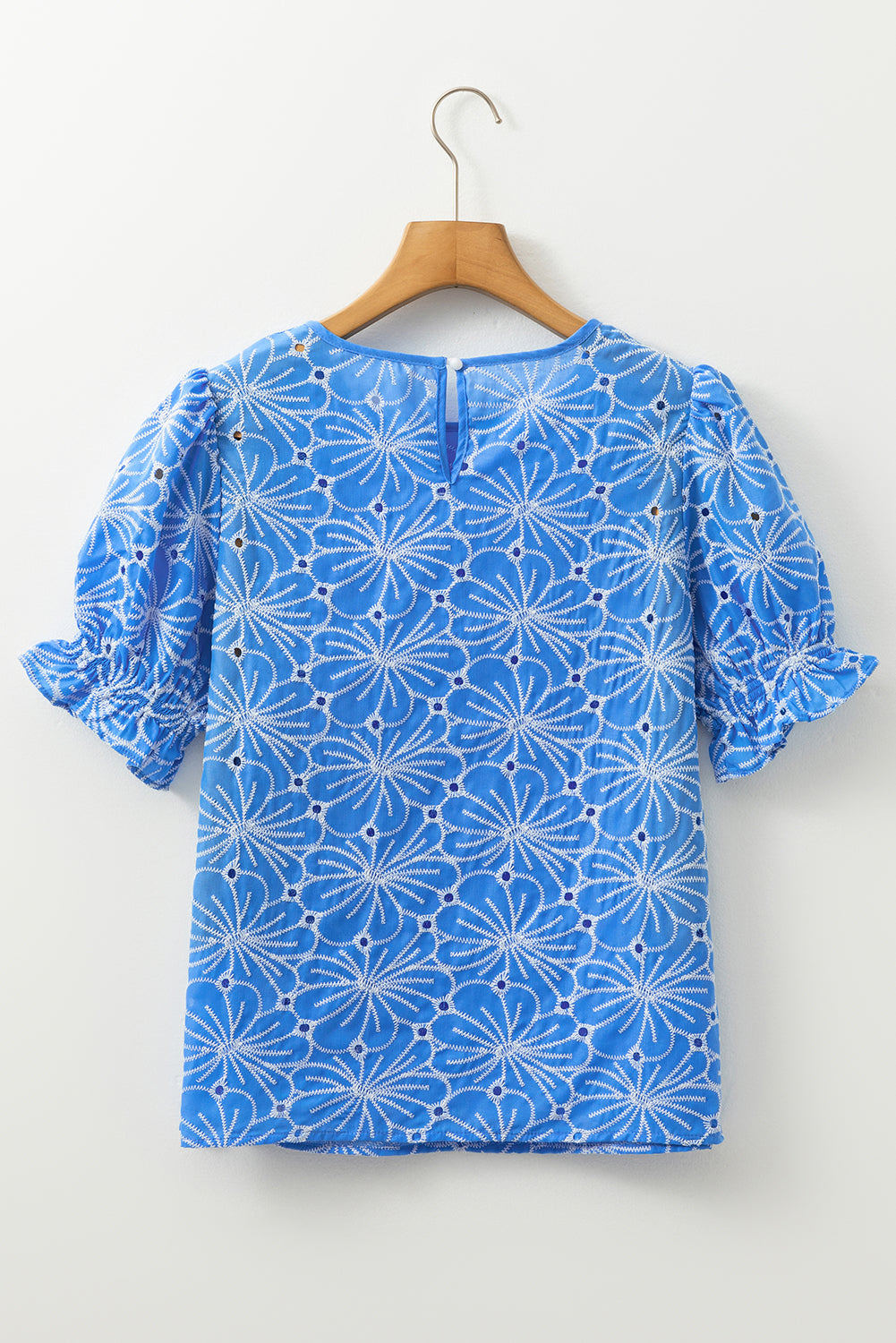 Sky Blue Boho Floral Eyelet Puff Sleeve Blouse - The Fair Lady Shop