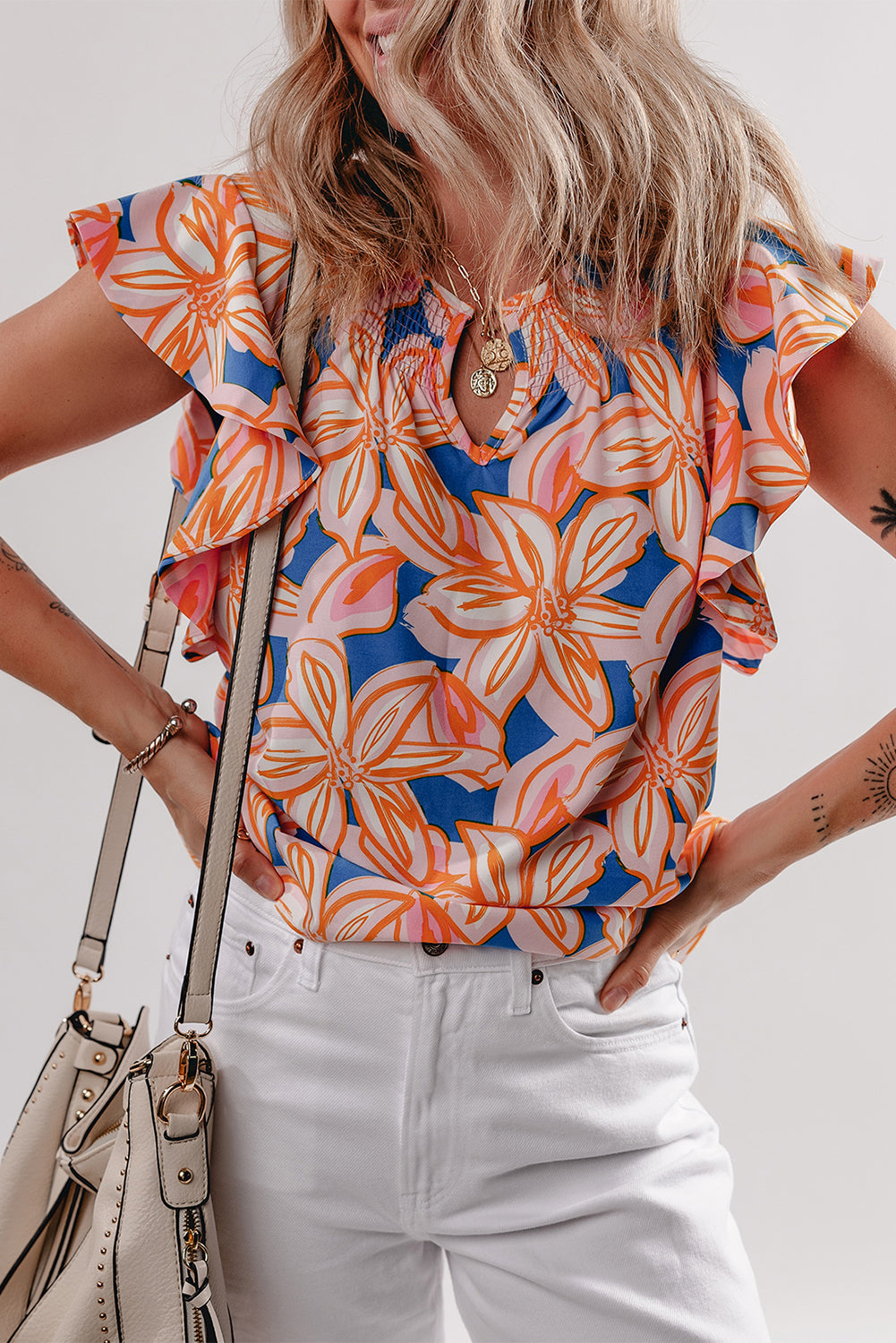 Orange Summer Flower Print Smocked Notched Neck Ruffle Blouse - The Fair Lady Shop