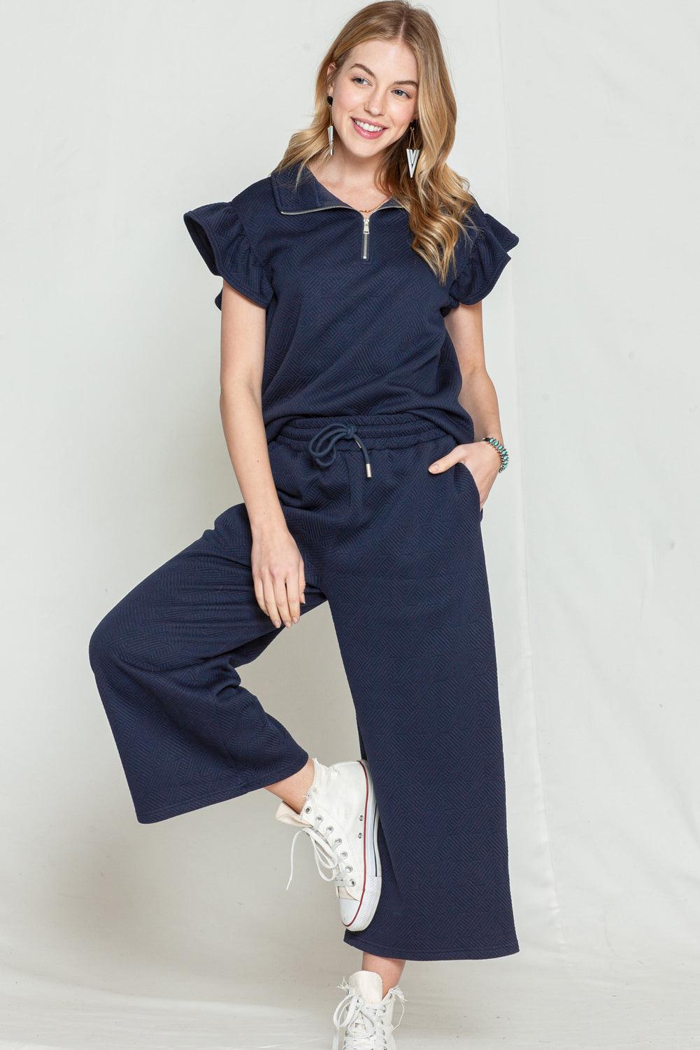 Black Textured Ruffle Cap Sleeve Top and Wide Leg Pants Set - The Fair Lady Shop