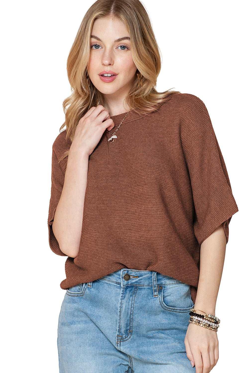 Apricot Mock Neck Short Batwing Sleeve Sweater - The Fair Lady Shop