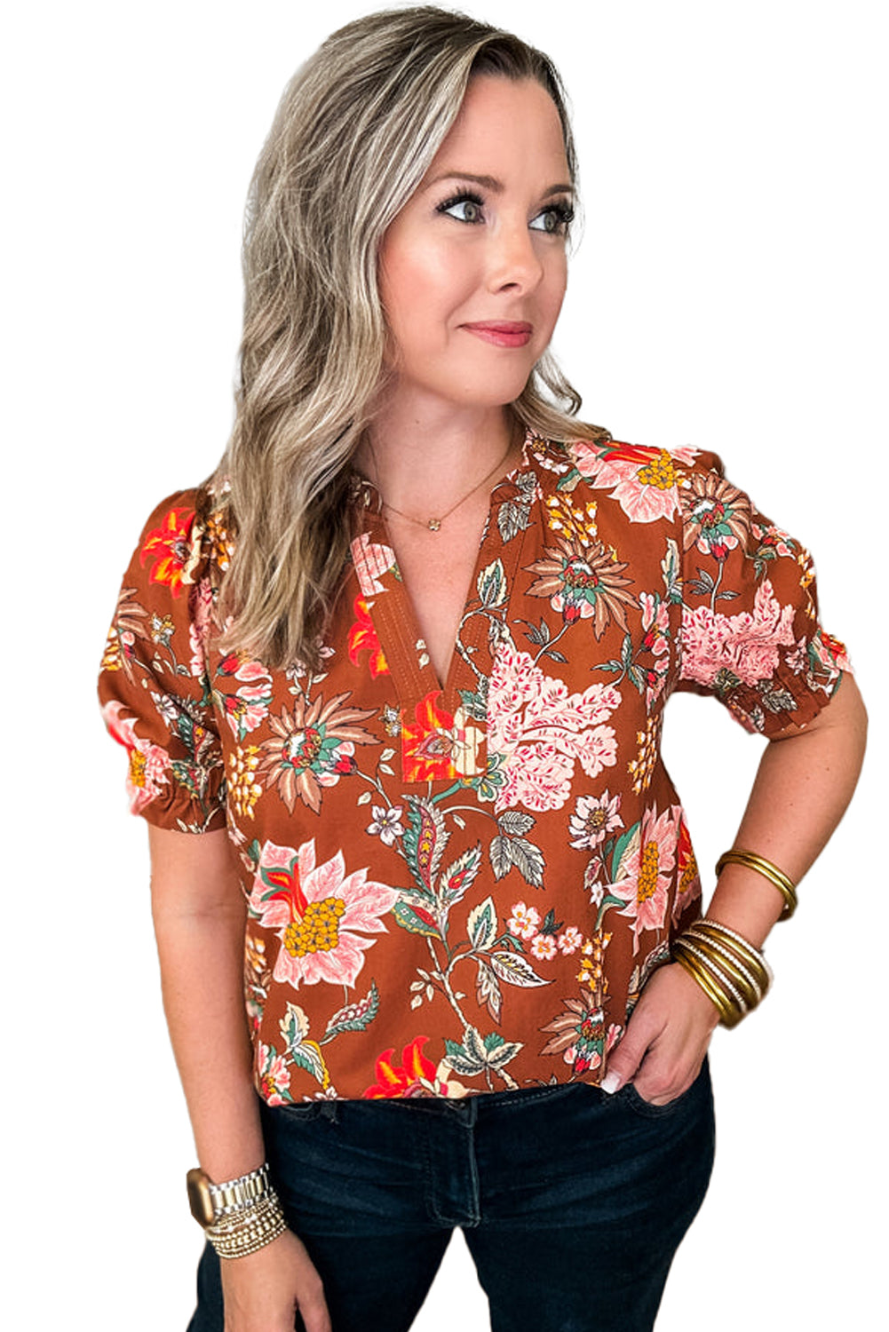 Brown Floral Frill Trim Plus Size Puff Sleeve Blouse - The Fair Lady Shop