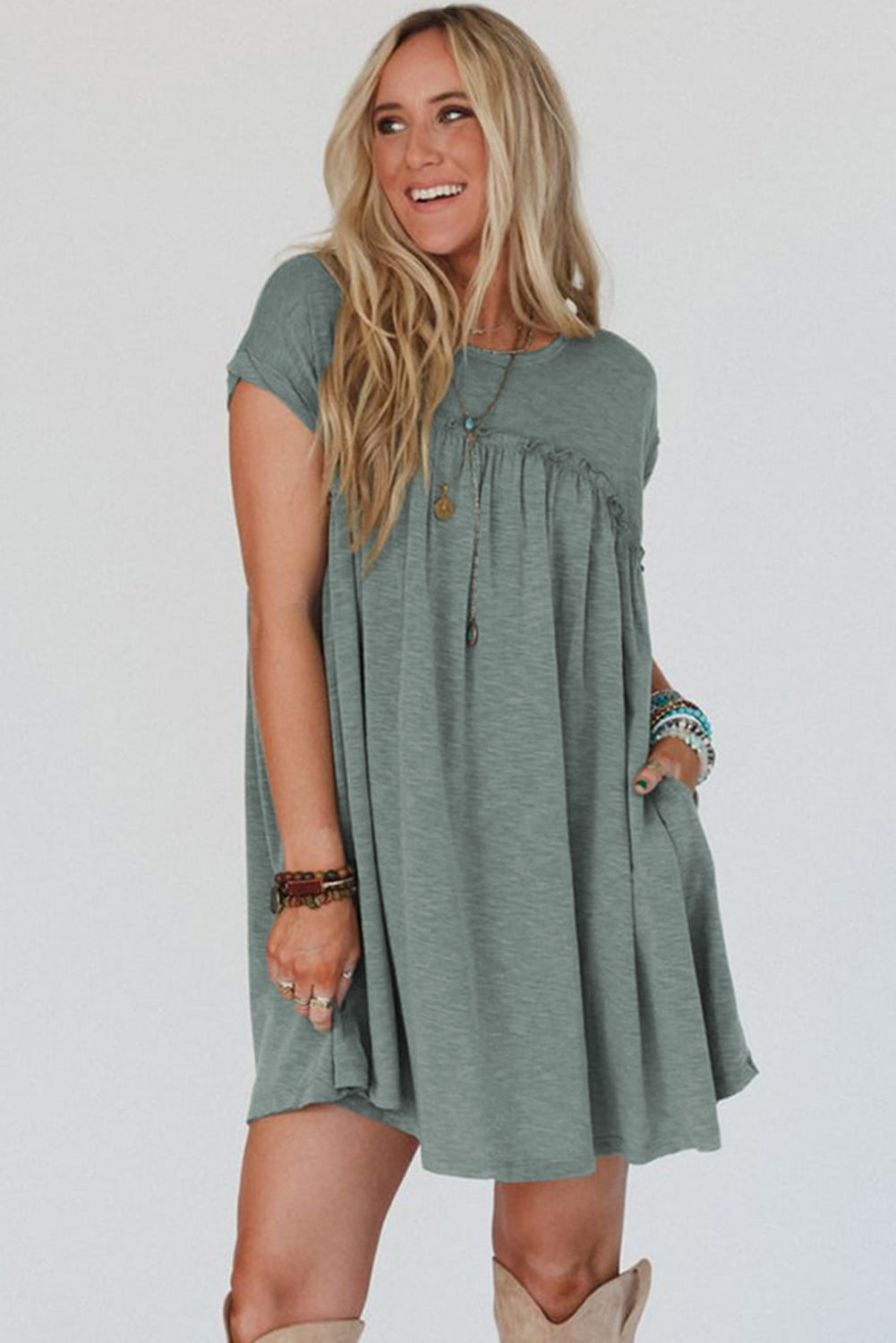 Mist Green Frilled Seam Round Neck T Shirt Dress - The Fair Lady Shop