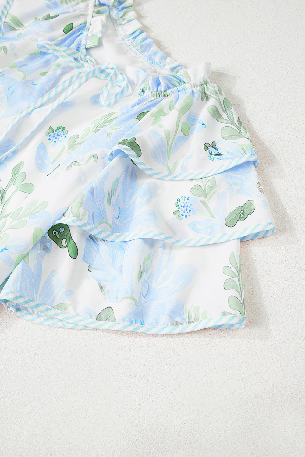 Sky Blue Floral Contrast Edge Ruffle Sleeve Tie Neck Mini Dress - The Fair Lady Shop