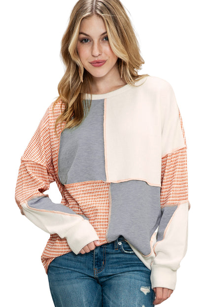 Multicolor Exposed Seam Color Block Pullover Long Sleeve Top - The Fair Lady Shop