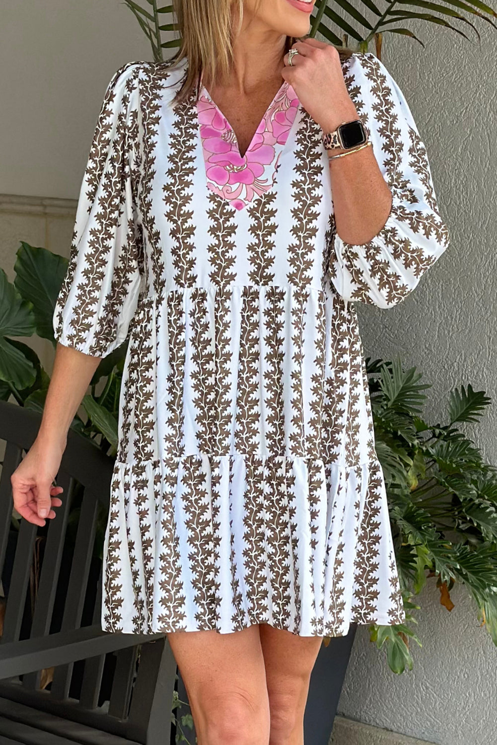 Black Floral Abstract Print V Neck Tiered Mini Dress - The Fair Lady Shop