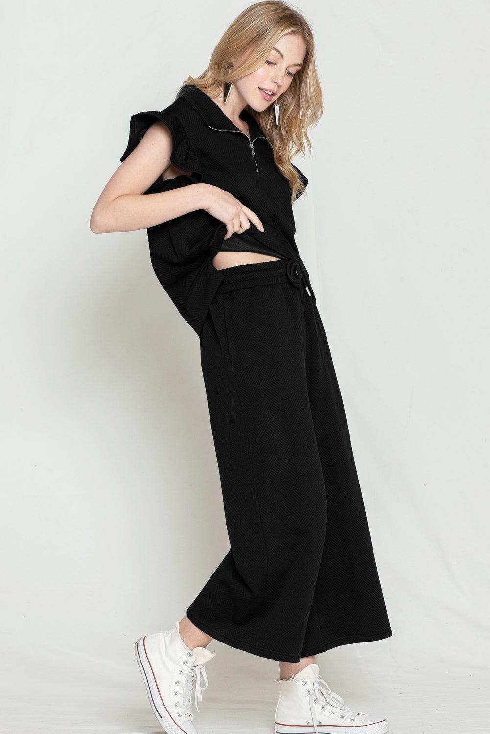 Black Textured Ruffle Cap Sleeve Top and Wide Leg Pants Set - The Fair Lady Shop