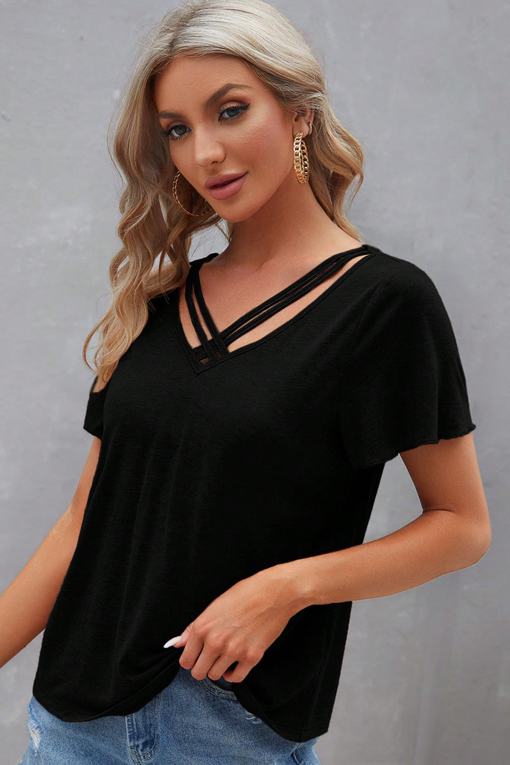 Black Crisscross V Neck Flutter Sleeve T Shirt - The Fair Lady Shop
