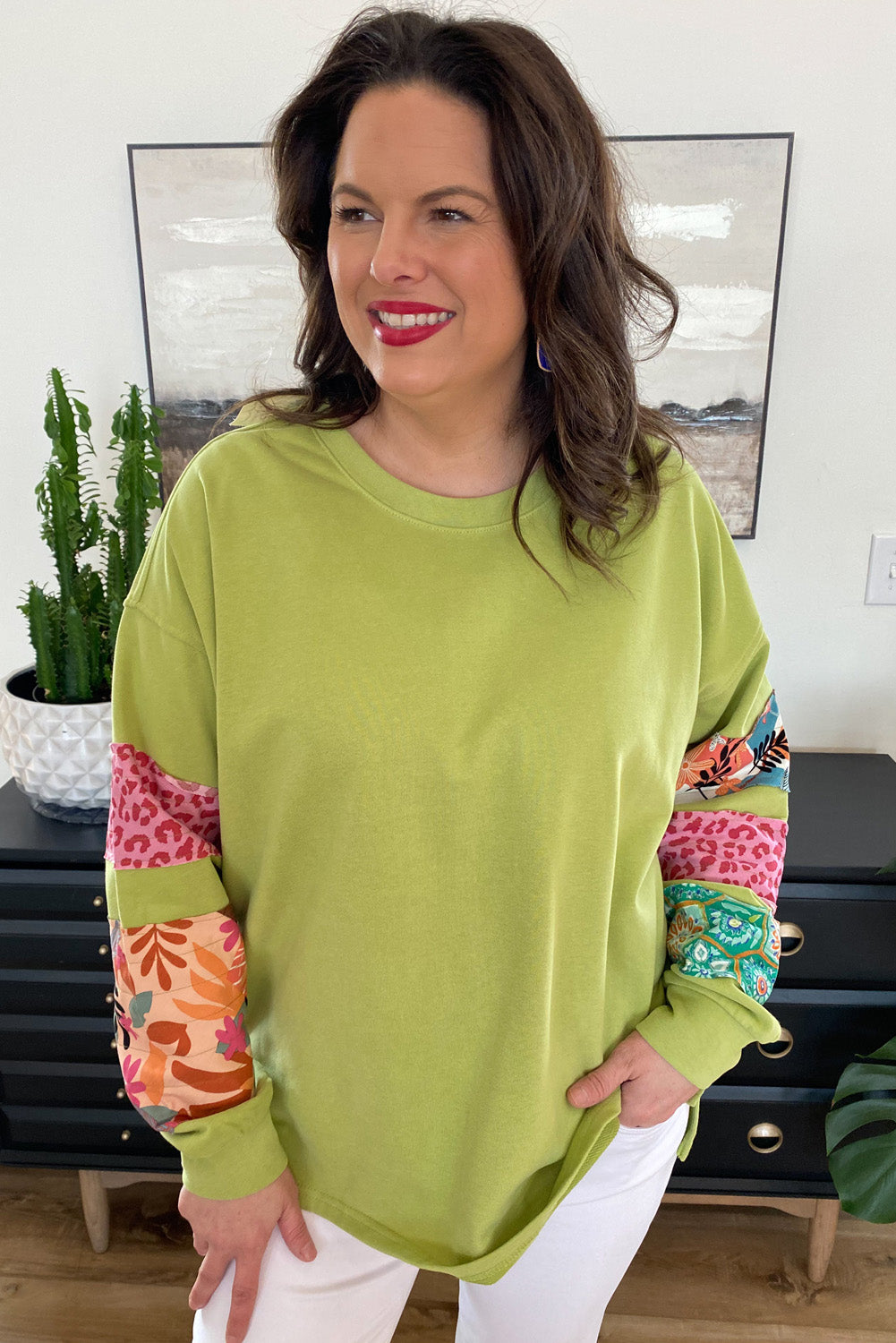 Green Leopard Patchwork Sleeve Split Plus Sweatshirt - The Fair Lady Shop