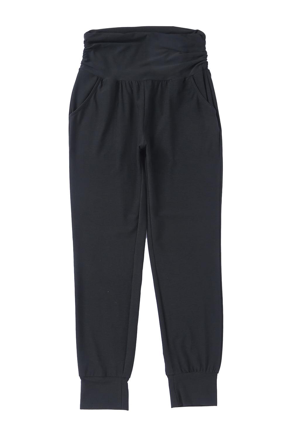 Black Pleated Casual Pocket High Waisted Leggings - The Fair Lady Shop