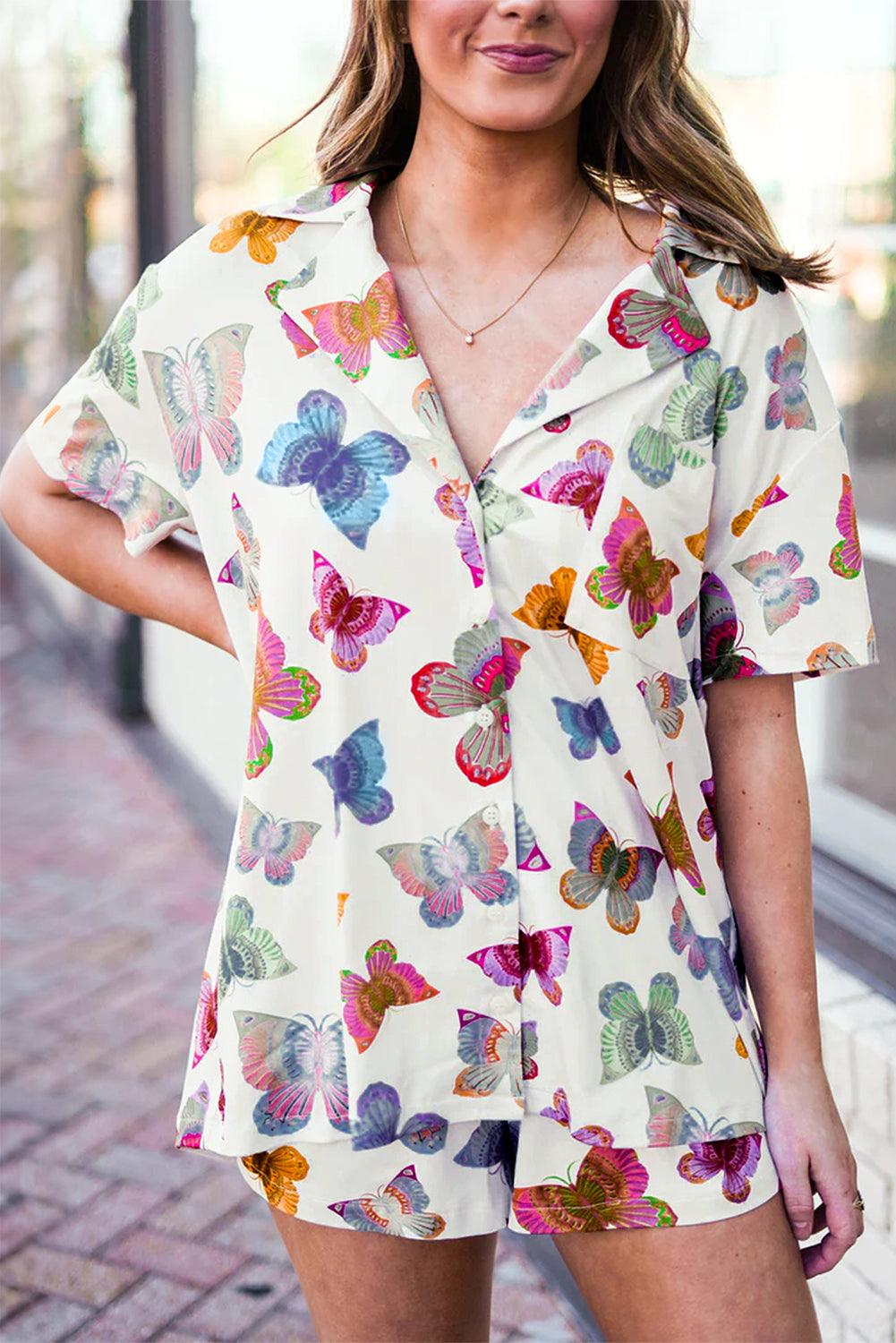 Multicolour Butterfly Print Button-up Shirt & Shorts Pajama Set - The Fair Lady Shop