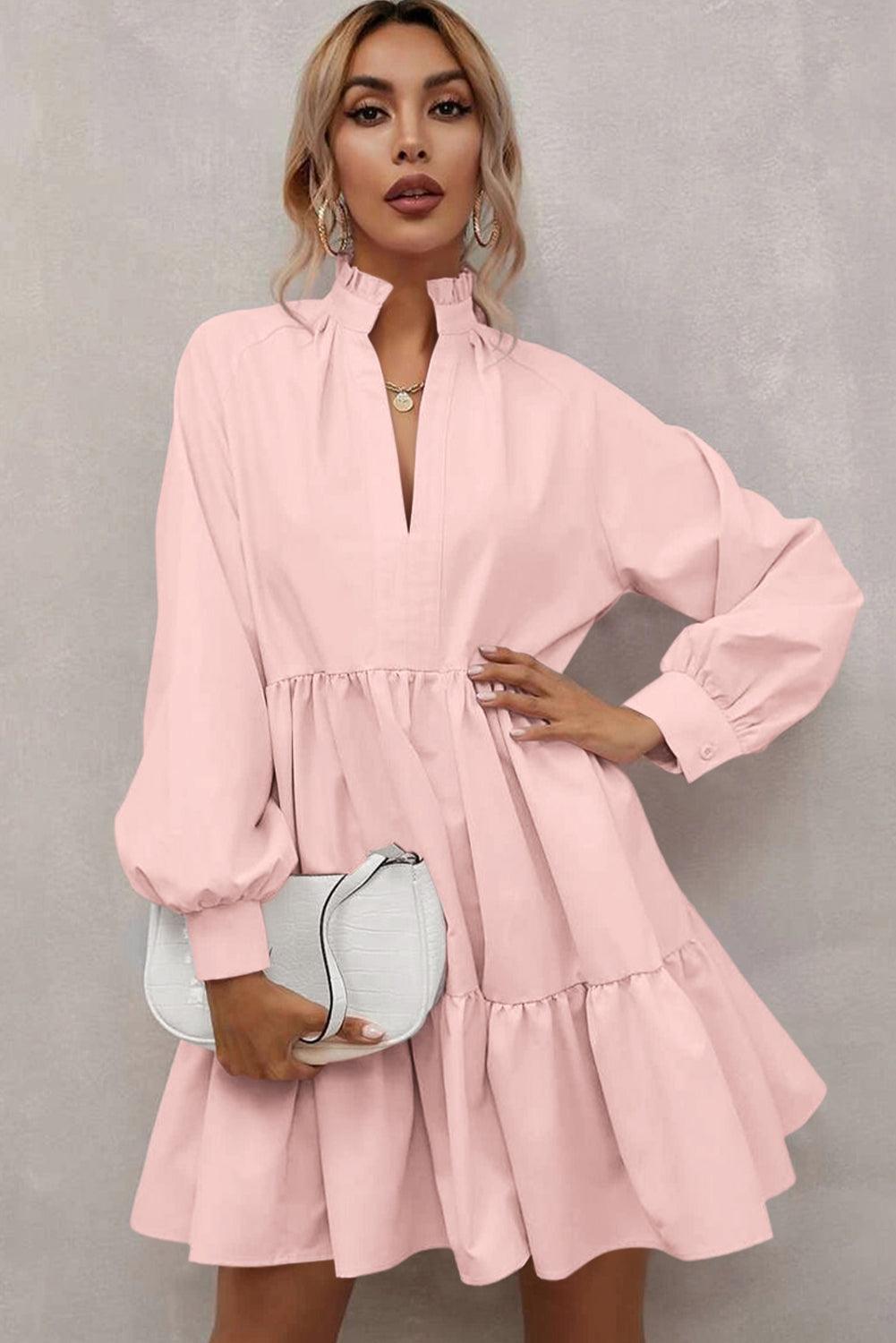 Pink Casual Stand V Neck Short Frill Dress - The Fair Lady Shop