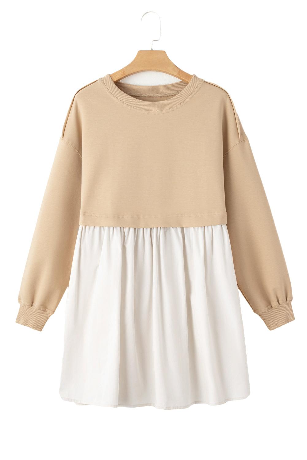 Khaki Sweatshirt Colorblock Flowy Pleated Mini Dress - The Fair Lady Shop