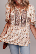 Khaki Boho Floral Print Half Placket Short Sleeve Loose Blouse - The Fair Lady Shop