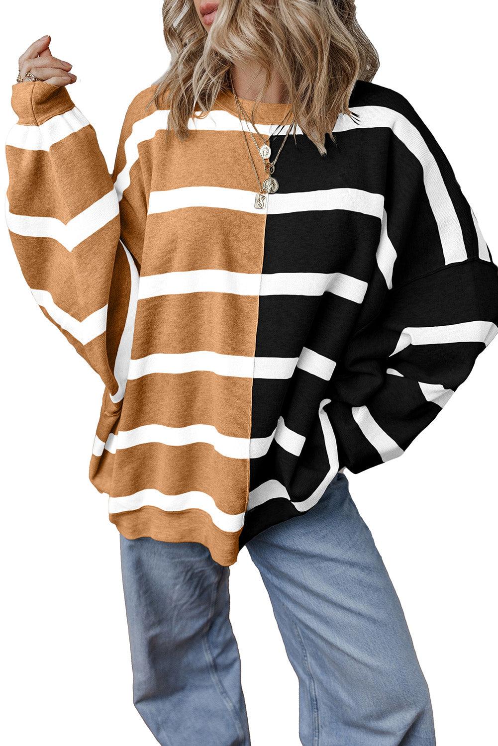 Khaki Stripe Exposed Seam Patchwork Loose Sweatshirts - The Fair Lady Shop