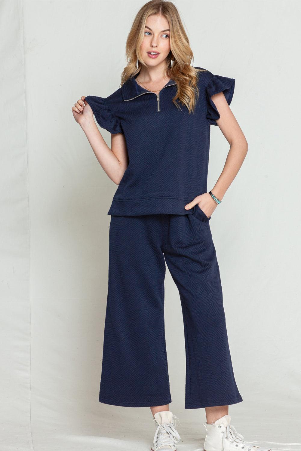 Black Textured Ruffle Cap Sleeve Top and Wide Leg Pants Set - The Fair Lady Shop