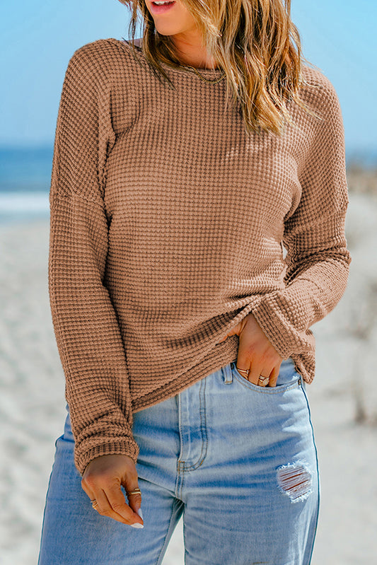 Khaki Waffle Knit Casual Drop Shoulder Long Sleeve Top - The Fair Lady Shop