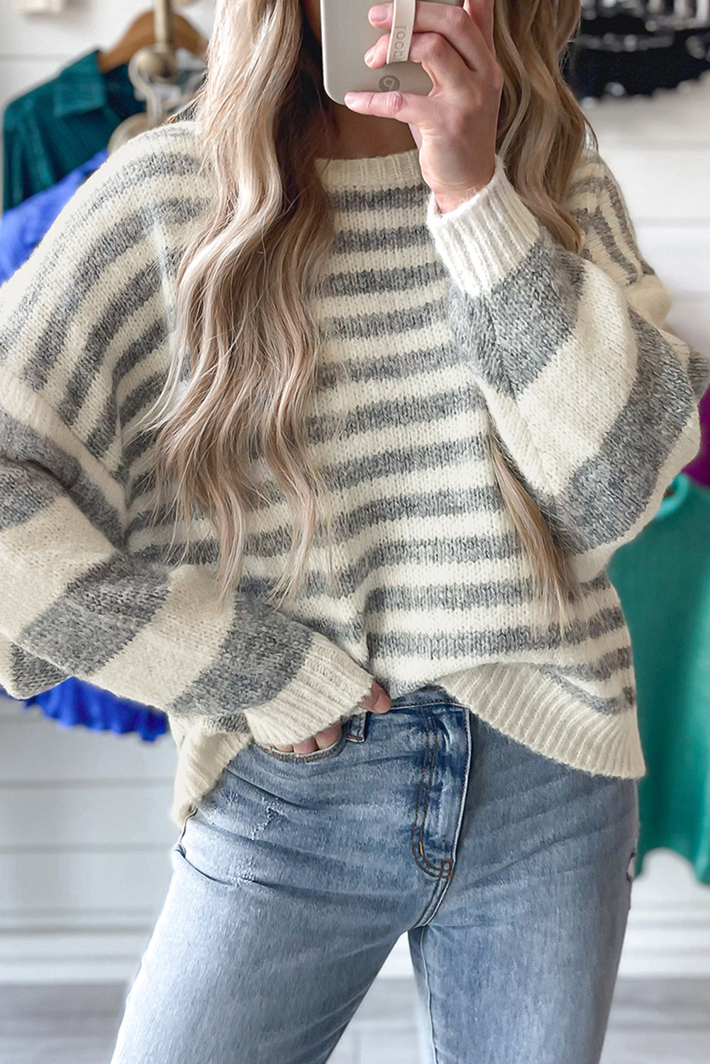 Gray Stripe Drop Shoulder Crew Neck Sweater - The Fair Lady Shop