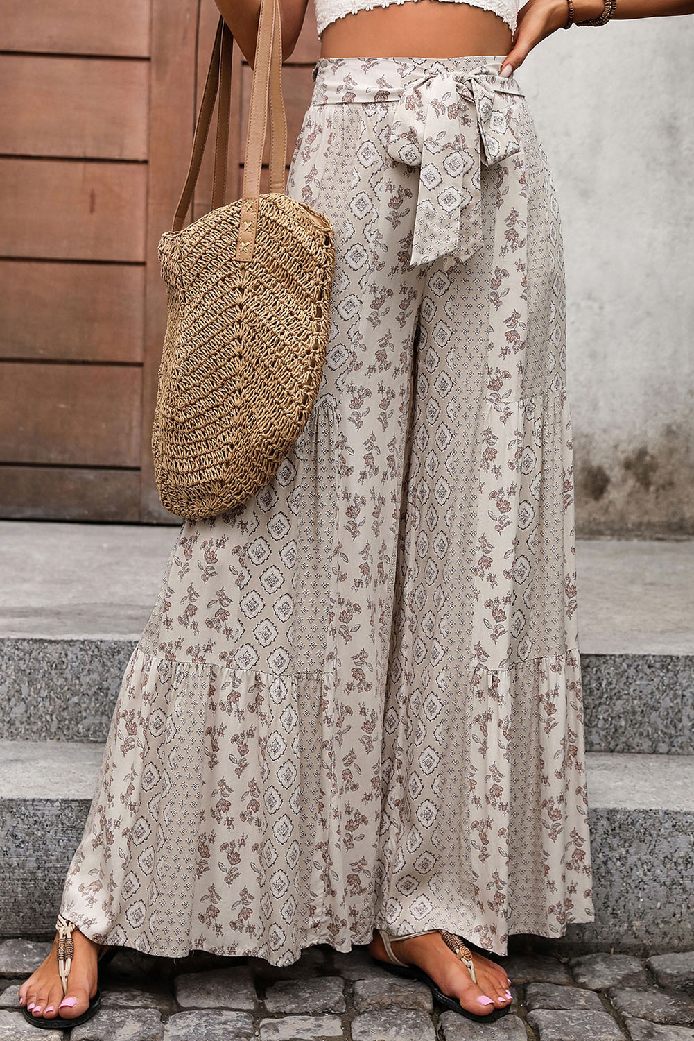 Beige Boho Ethnic Print Knot Waist Wide Leg Pants - The Fair Lady Shop