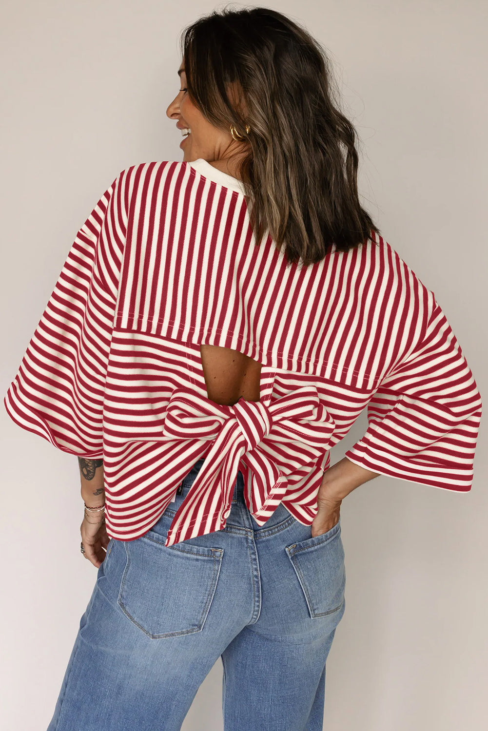 Red Striped Bowknot Backless T-Shirt - The Fair Lady Shop