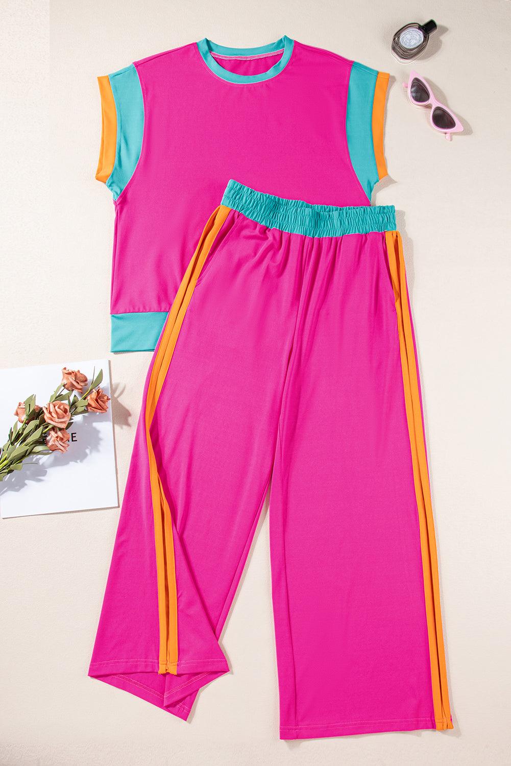 Chestnut Colorblock Cap Sleeve Tee and Wide Leg Pants Set - The Fair Lady Shop