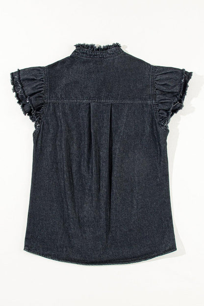 Ashleigh Blue Button Front Ruffled Flutter Frayed Denim Top - The Fair Lady Shop