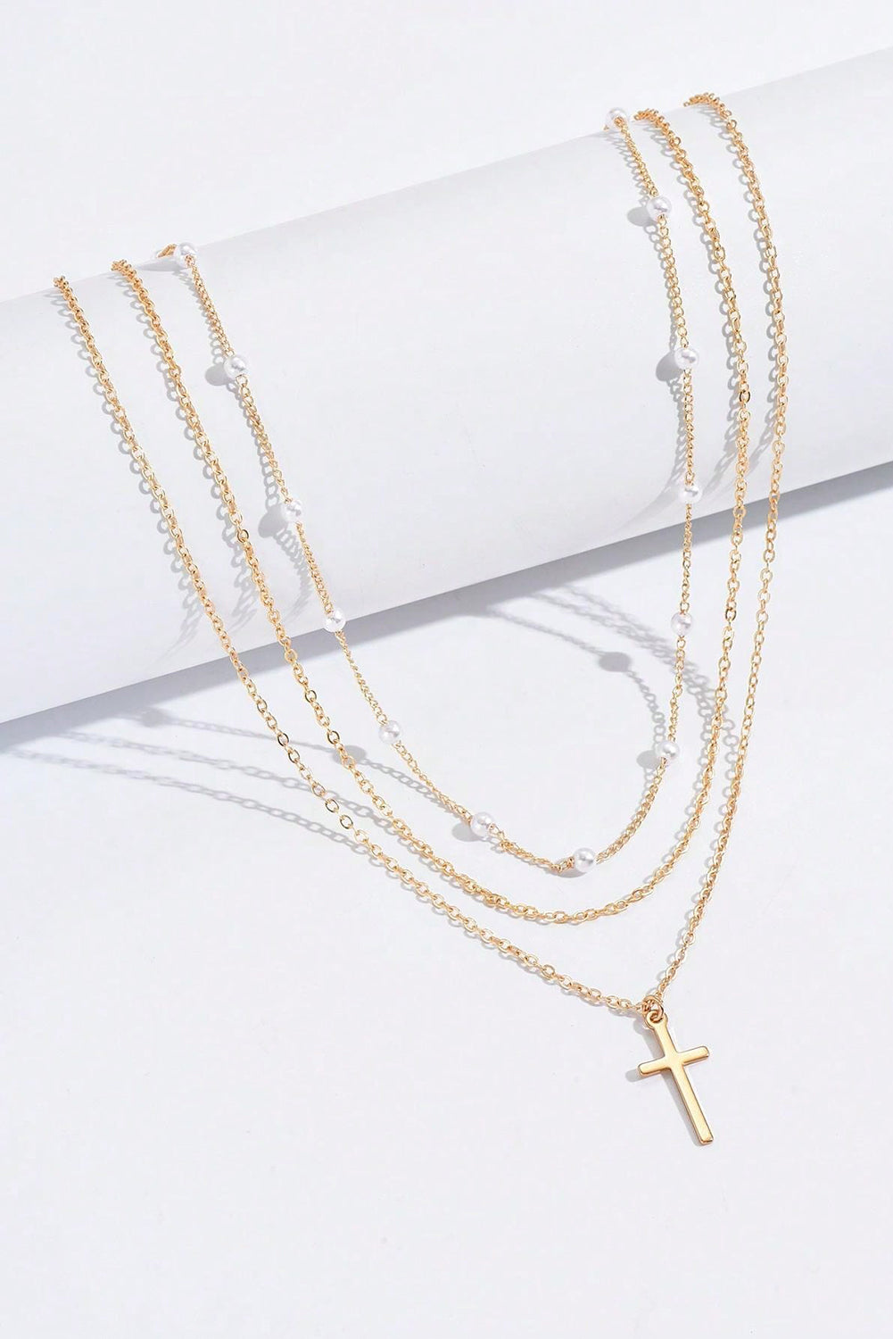Gold Retro Multi-Layer Pearl and Cross Pendant Necklace Set - The Fair Lady Shop