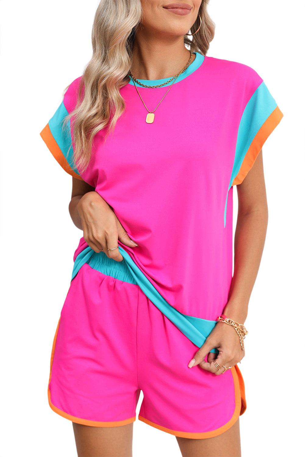 Peach Blossom Color Block Loose Fit Top & Elastic Waist Shorts Set - The Fair Lady Shop