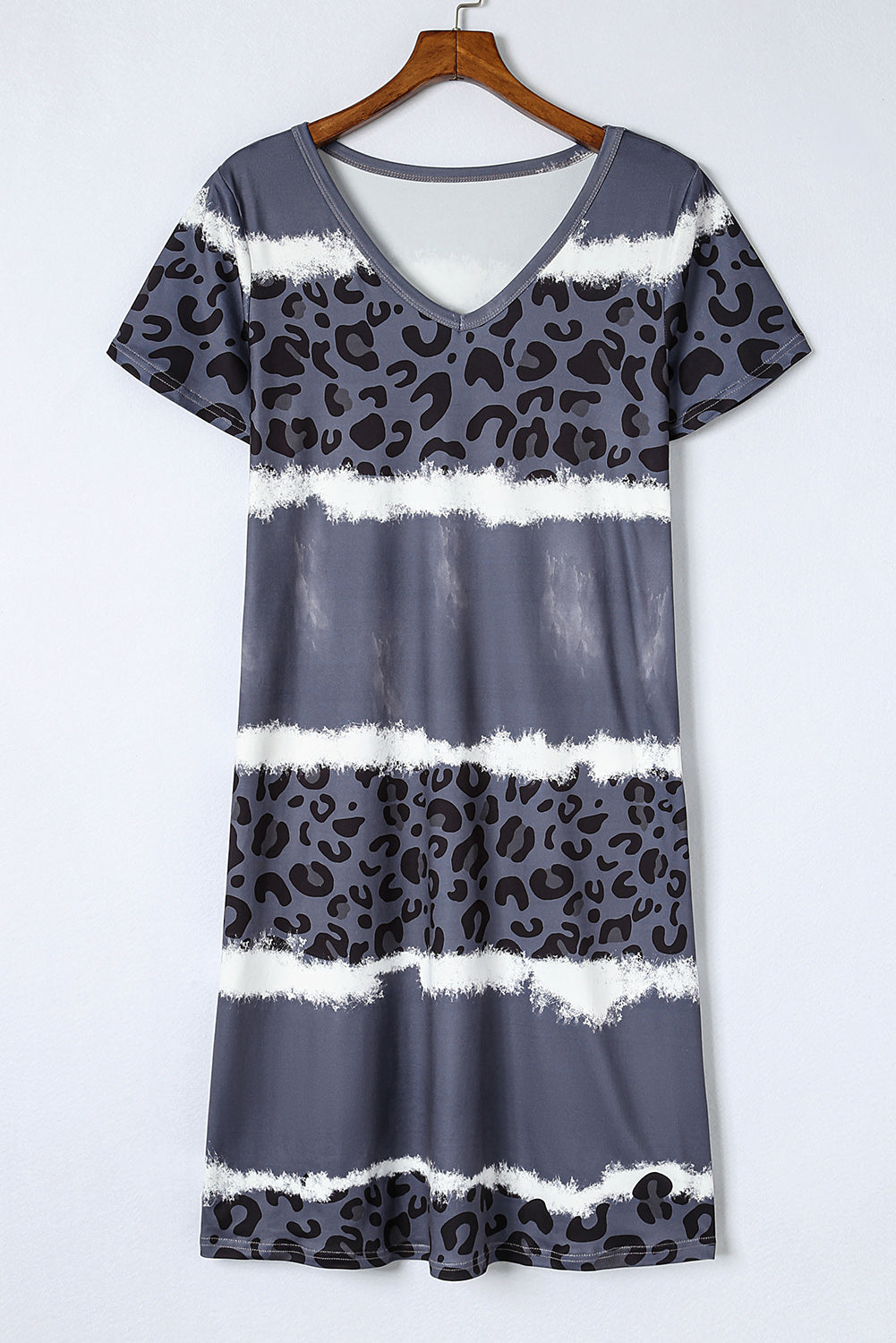 Grey Tie Dye Leopard Color Block V Neck T Shirt Dress - The Fair Lady Shop