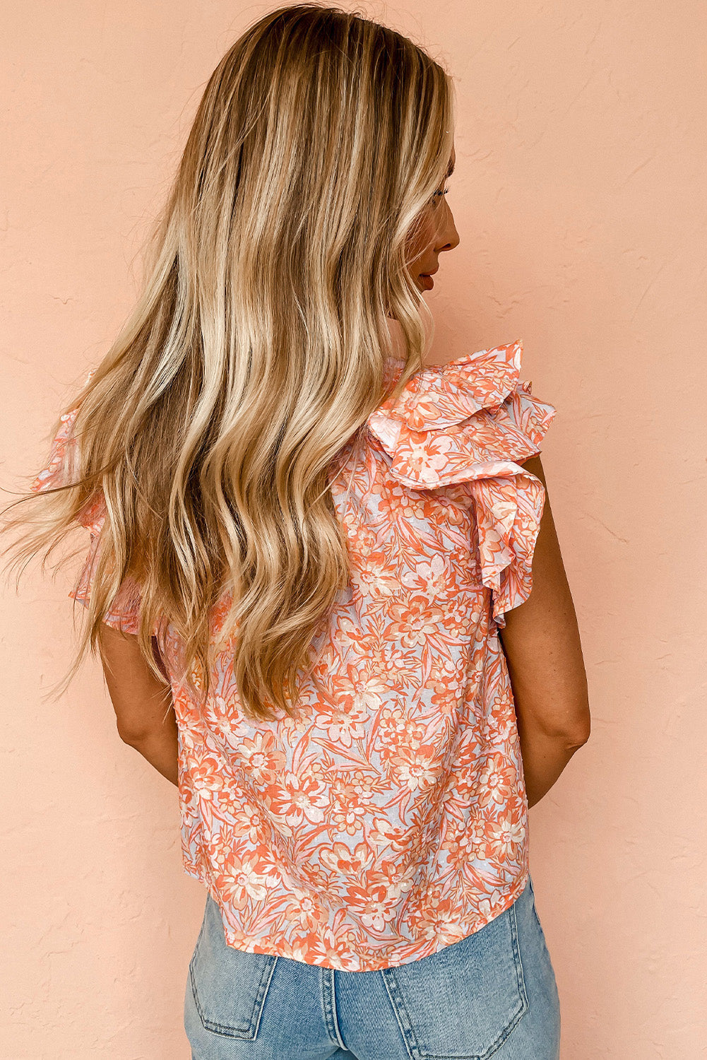 Orange Floral Ruffle Sleeve Split Neck Blouse - The Fair Lady Shop