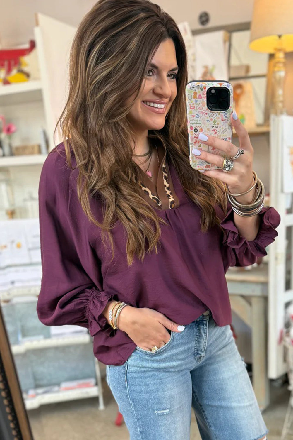 Violet Leopard Trim Notched Neck Bubble Sleeve Blouse