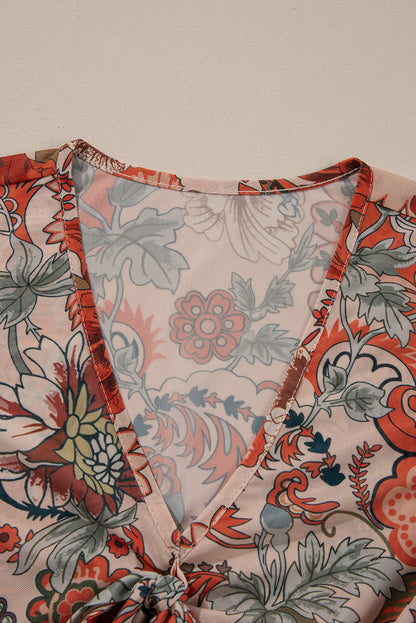Orange Floral Bell Sleeve Pleated Blouse - The Fair Lady Shop