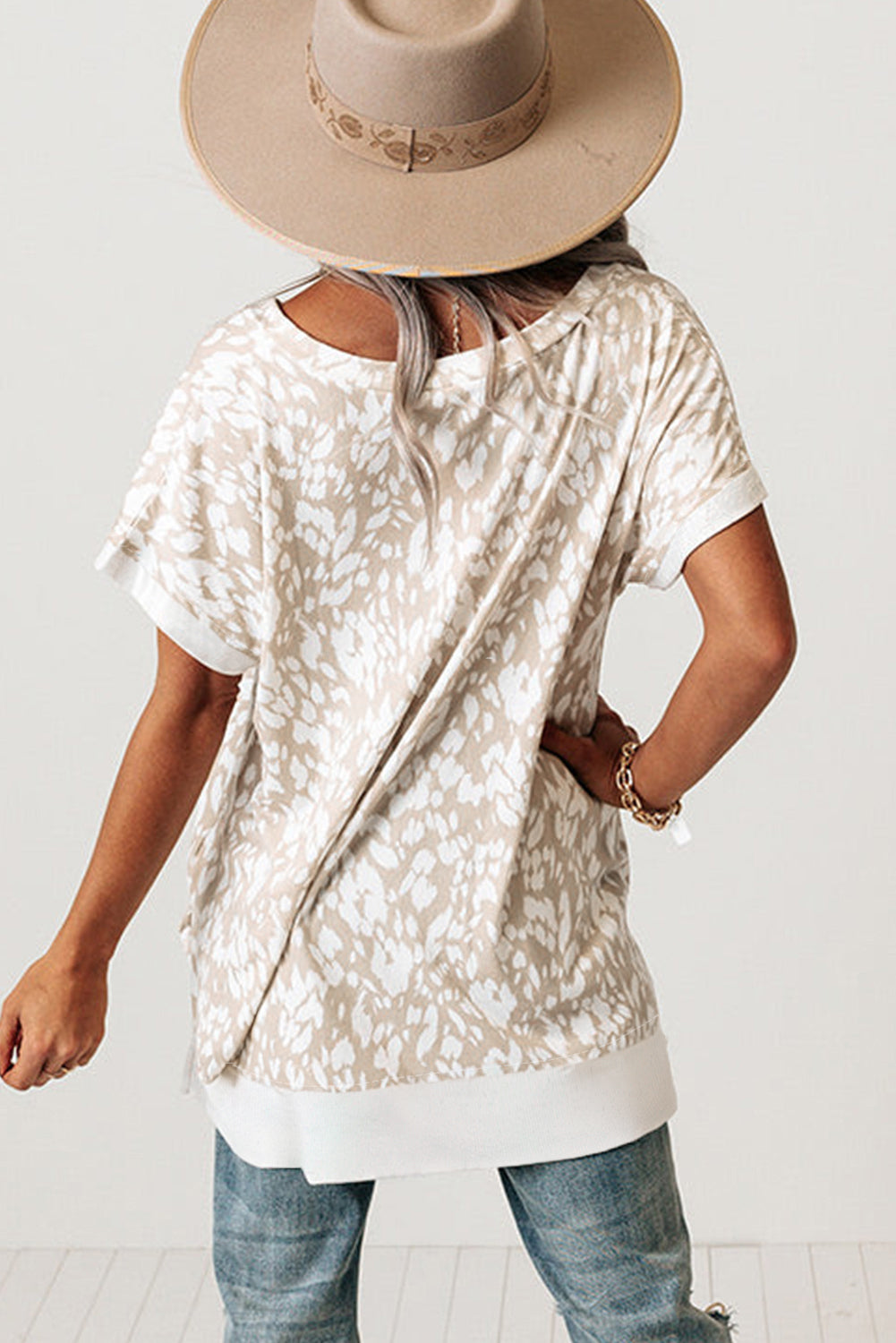 Khaki Leopard Print V Neck Side Slit Loose Fit T-Shirt - The Fair Lady Shop