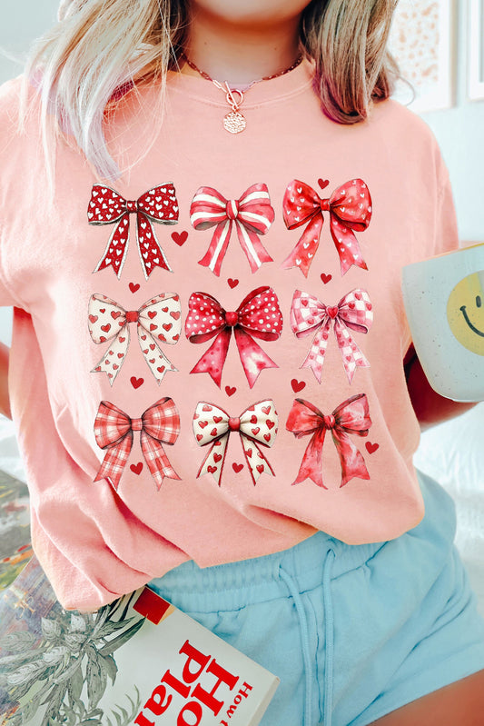 Pink Cute Heart Bow Graphic Round Neck Valentines T Shirt - The Fair Lady Shop