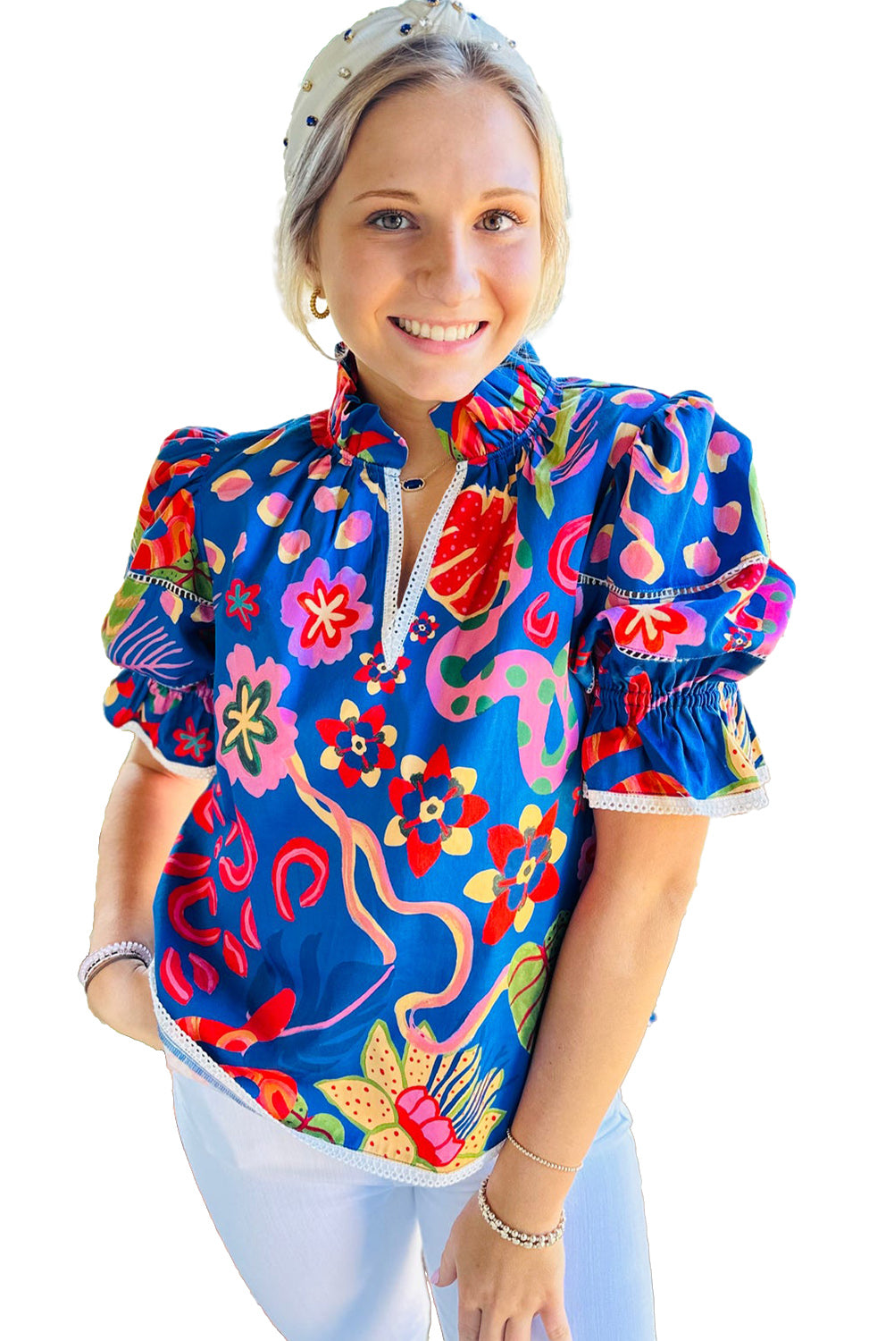 Blue Frill V-neck Abstract Print Blouse - The Fair Lady Shop