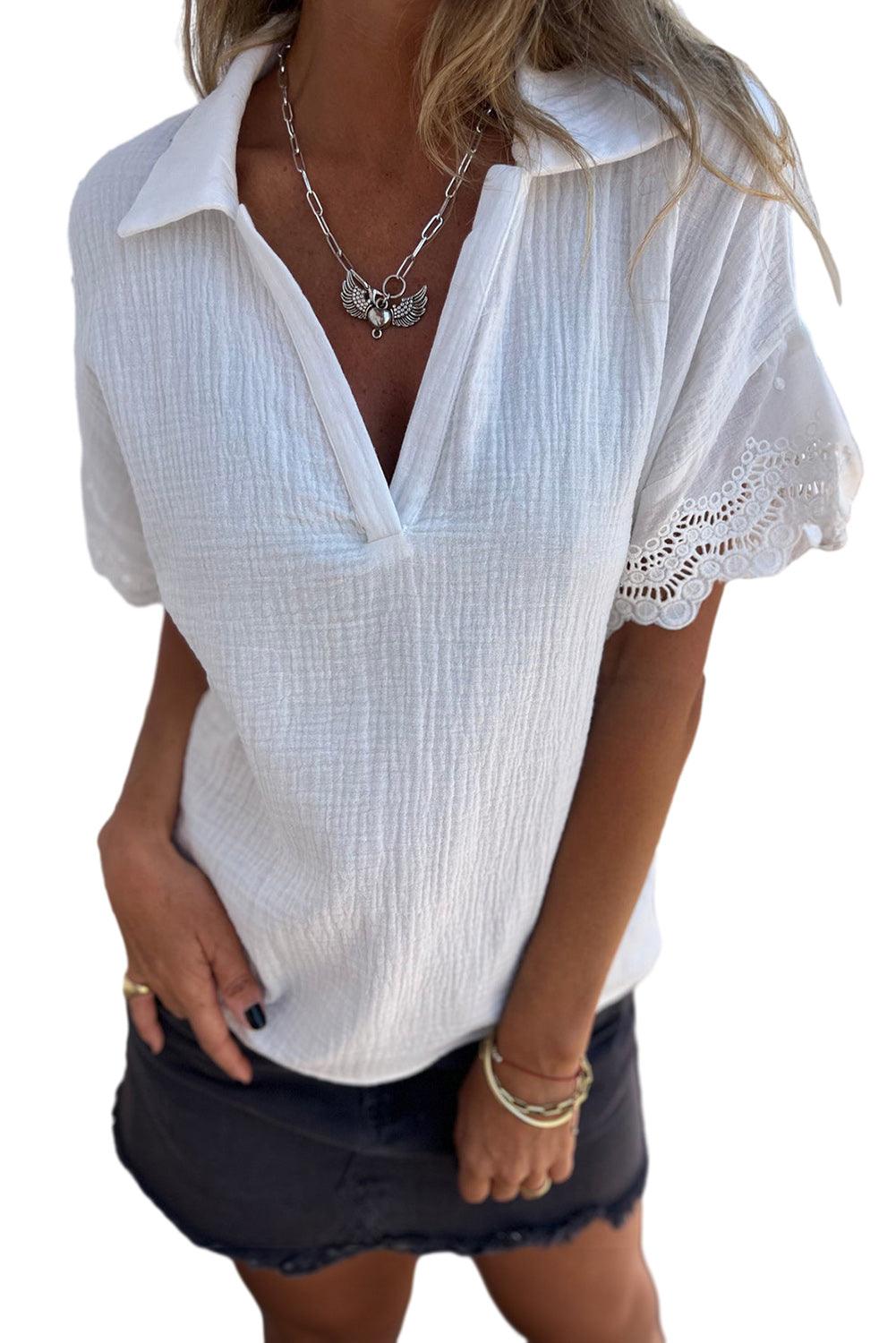 White Crinkled Lace Splicing Sleeve Collared V Neck Blouse - The Fair Lady Shop