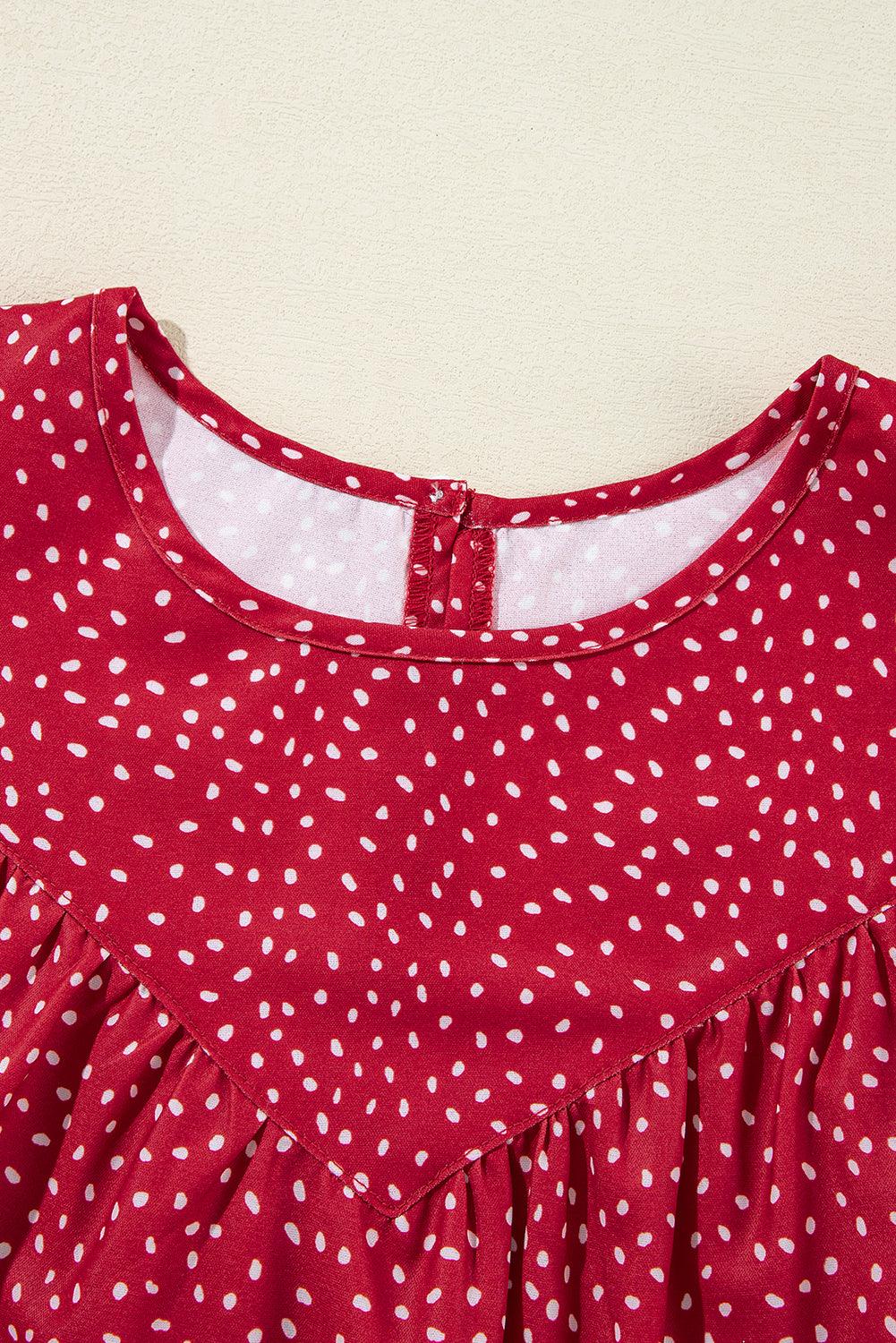 Fiery Red Spotted Print Pleated Ruffle Sleeve Blouse - The Fair Lady Shop